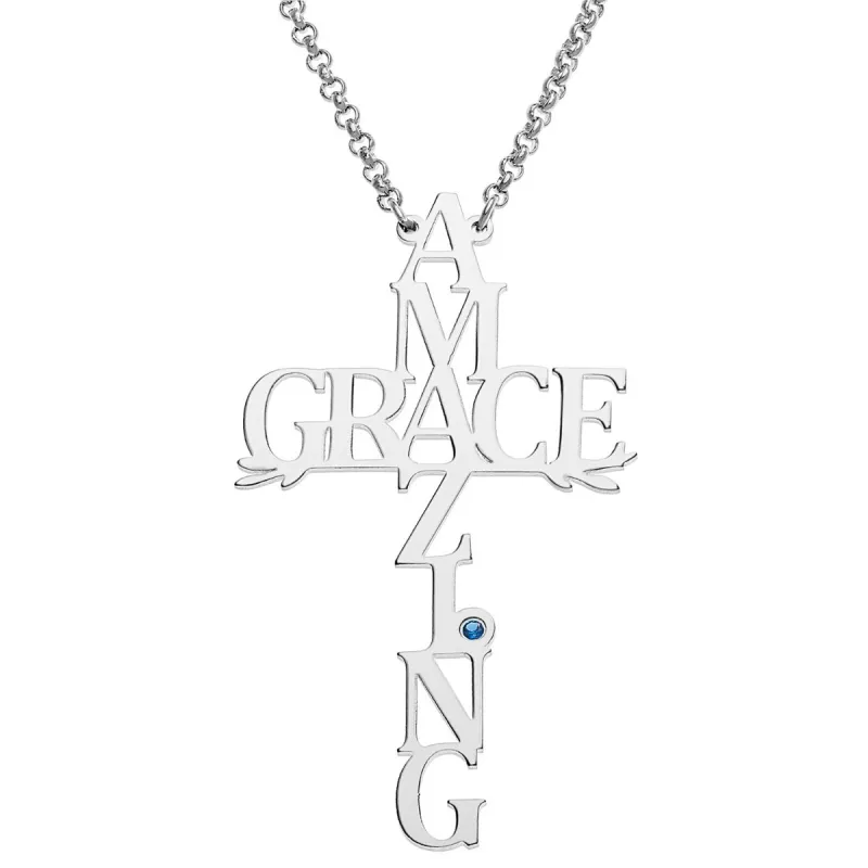 Silver Plated Amazing Grace Cross with Birthstone Necklace sold by Limoges Jewelry