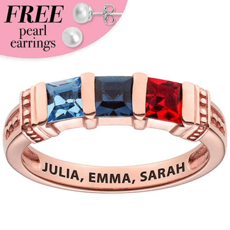 Personalized 14K Rose Gold Plated Square Birthstone Ring - 3 Stones sold by Limoges Jewelry