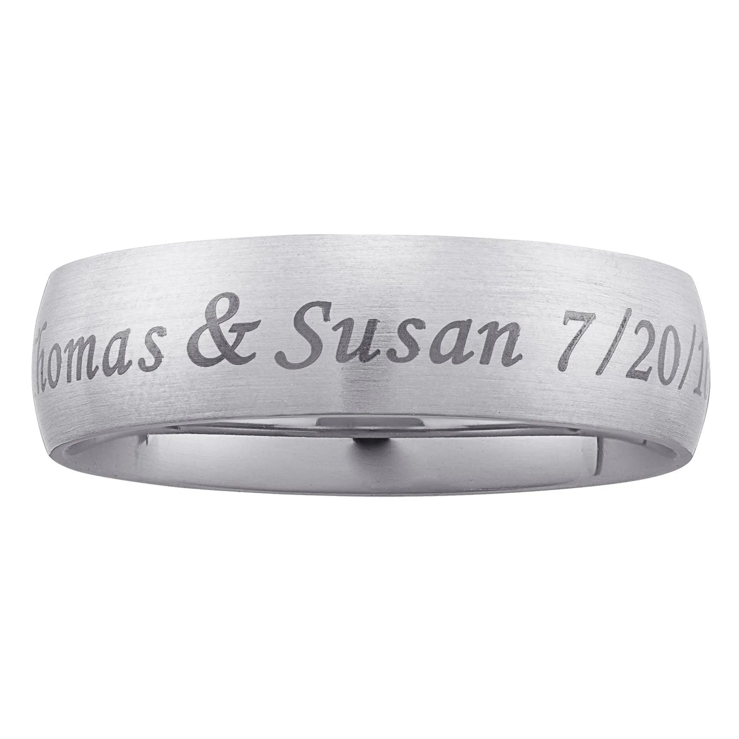 Brushed Stainless Steel Top-Engraved Wide Wedding Band sold by Limoges Jewelry