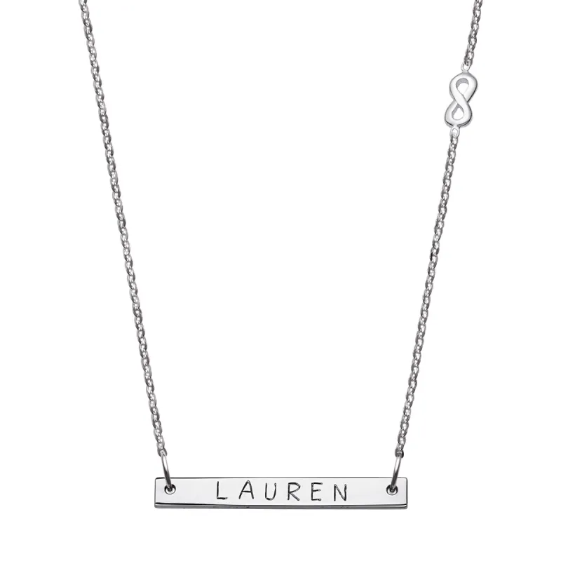 10K White Gold Mini Bar Name with Infinity Necklace sold by Limoges Jewelry