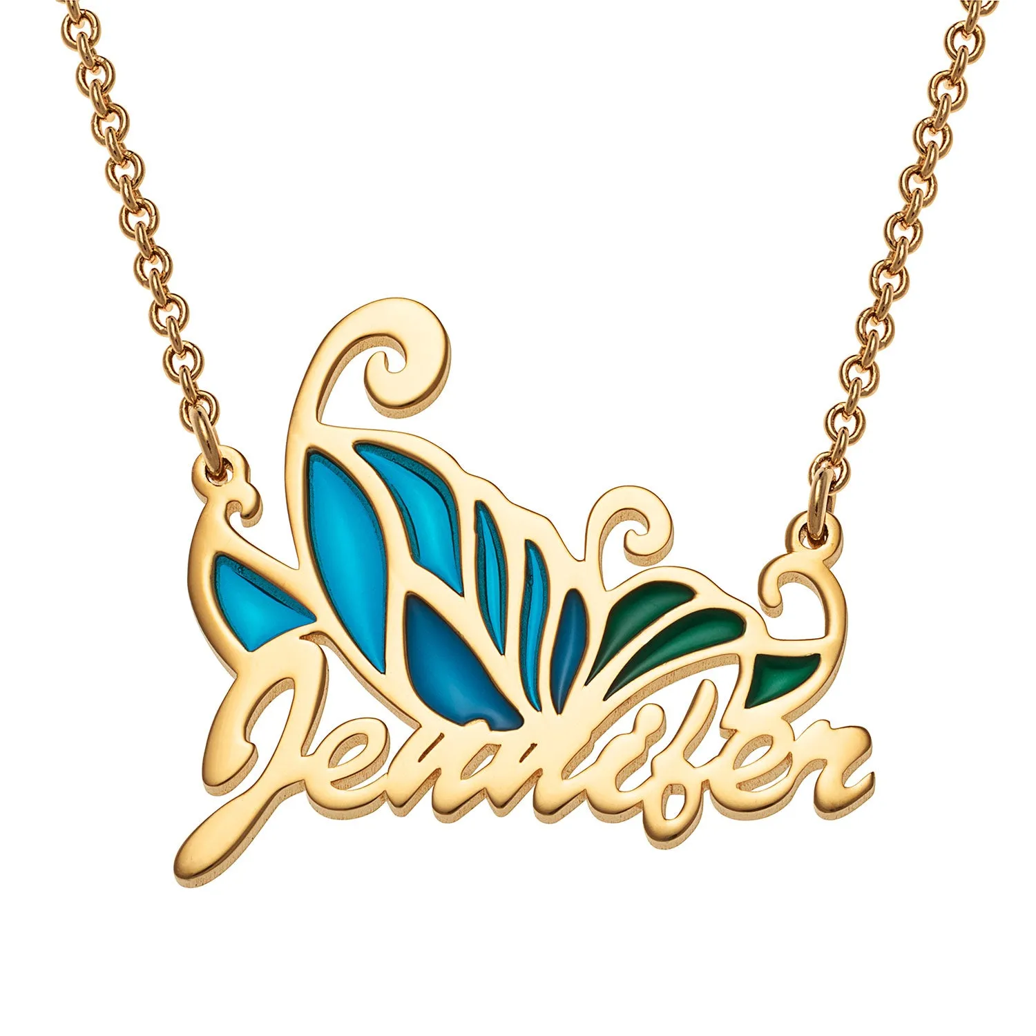 14K Gold Plated Petite Script Name Necklace with Multicolor Blue Enamel Butterfly sold by Limoges Jewelry