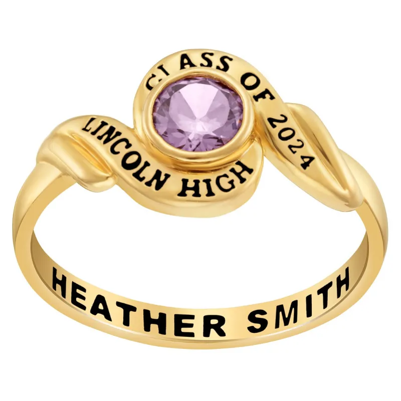 Ladies' 14k Gold Plated Swirl Bypass Round Birthstone Class Ring sold by Limoges Jewelry