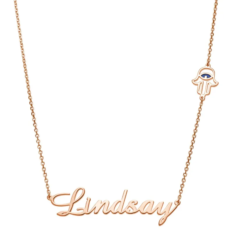 14K Rose Gold Plated Script Name with Hamsa Hand Station Necklace sold by Limoges Jewelry