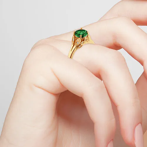 14K Gold Plated Simulated Emerald with Clear Crystal Leaves Ring sold by Limoges Jewelry product image thumbnail 3