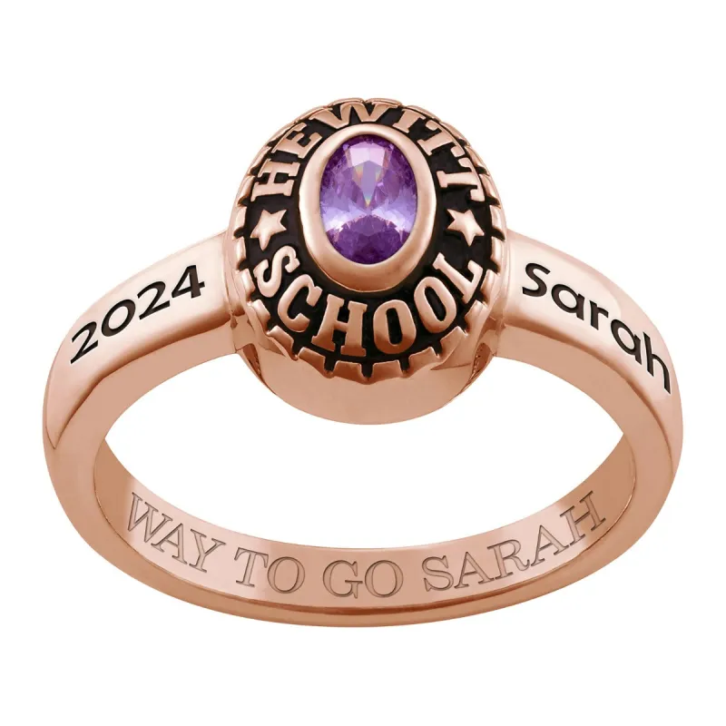 Ladies 14K Rose Gold over Sterling Traditional Oval Birthstone Class Ring sold by Limoges Jewelry