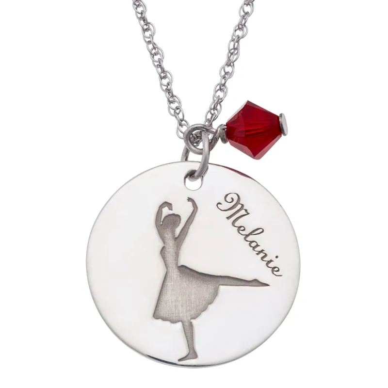 Sterling Silver Ballet Dancer Engravable Name and Birthstone Pendant sold by Limoges Jewelry