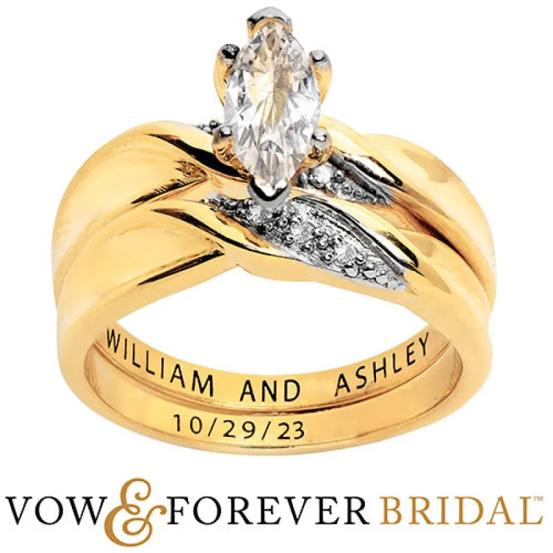14K Gold over Sterling Marquise White Topaz Diamond Accent 2-Piece Engraved Wedding Ring Set sold by Limoges Jewelry