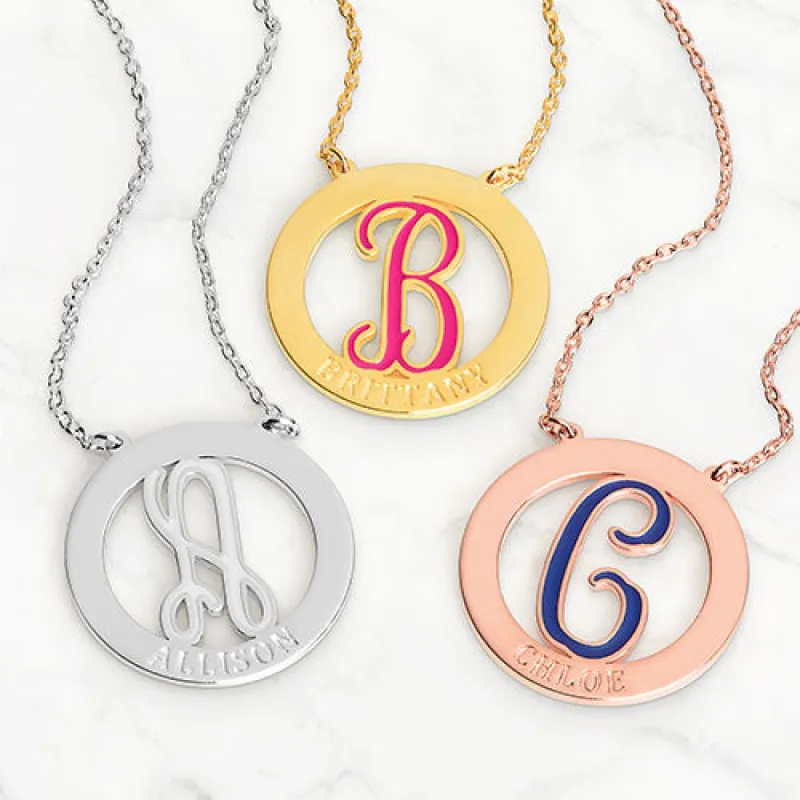 Enamel Initial and Engraved Name Disc Necklace sold by Limoges Jewelry