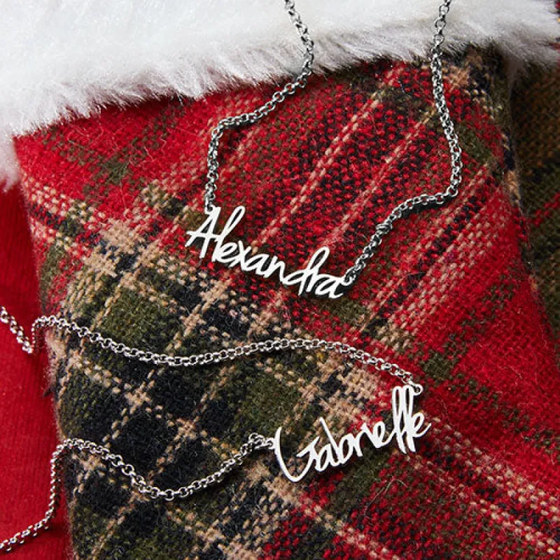 Sterling Silver Petite Script Name Pendant with Free Mini Stocking sold by Limoges Jewelry