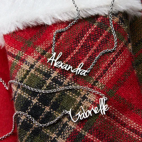 Sterling Silver Petite Script Name Pendant with Free Mini Stocking sold by Limoges Jewelry