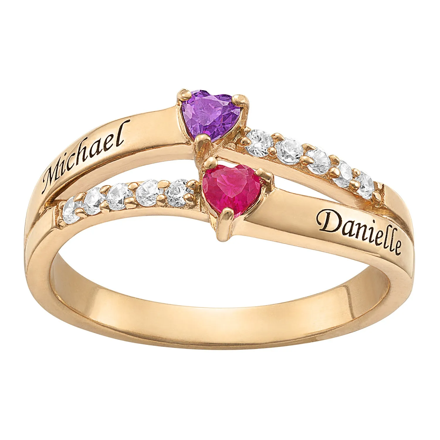 14K Gold over Sterling Couple's Engraved Heart Birthstone and CZ Ring sold by Limoges Jewelry