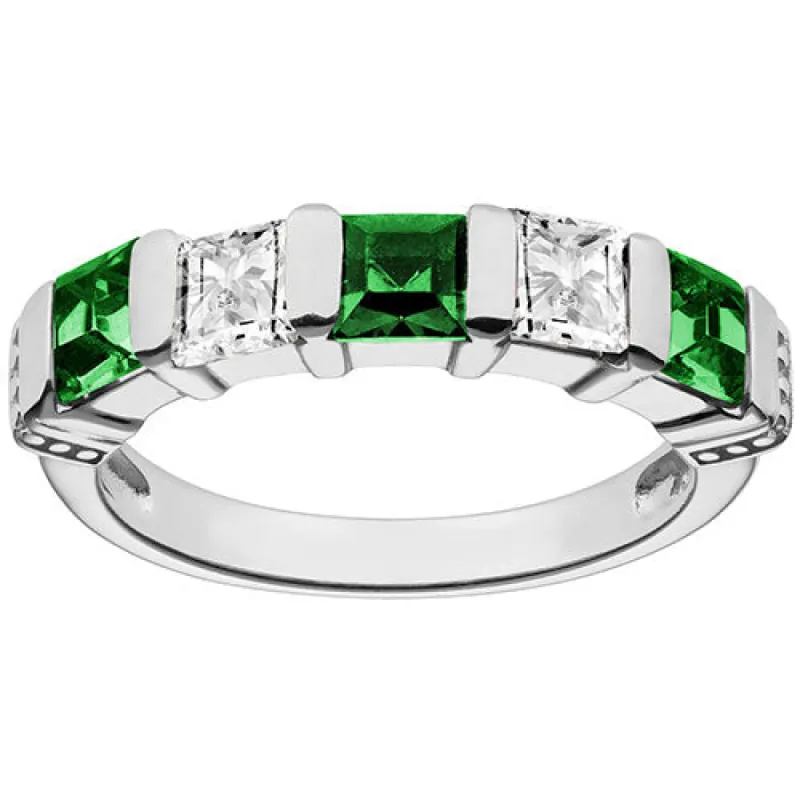 Silver Plated Simulated Emerald and Clear Crystal 5 Stone Ring sold by Limoges Jewelry