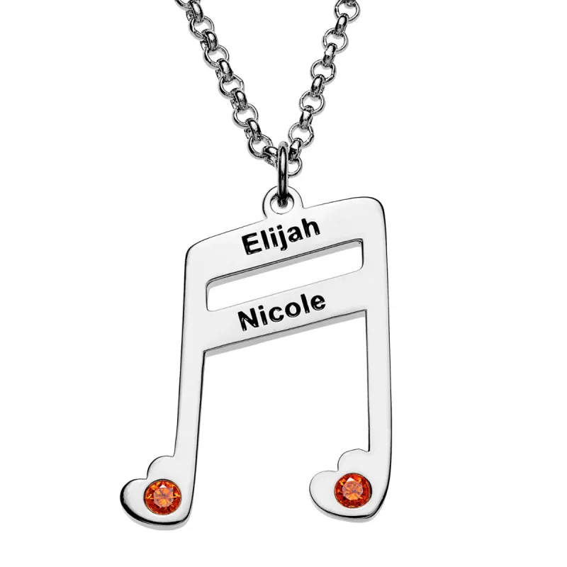 Silver Plated Sixteenth Note Couple Name and Heart Birthstone Necklace sold by Limoges Jewelry