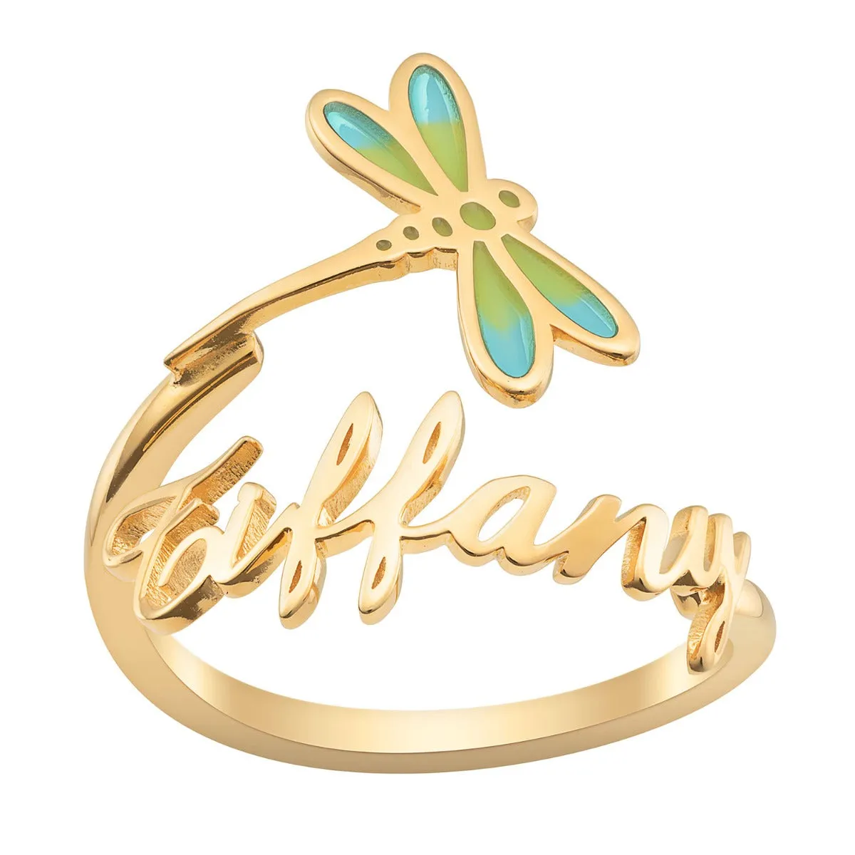 14K Gold Plated Script Name with Enamel Dragonfly Bypass Ring sold by Limoges Jewelry