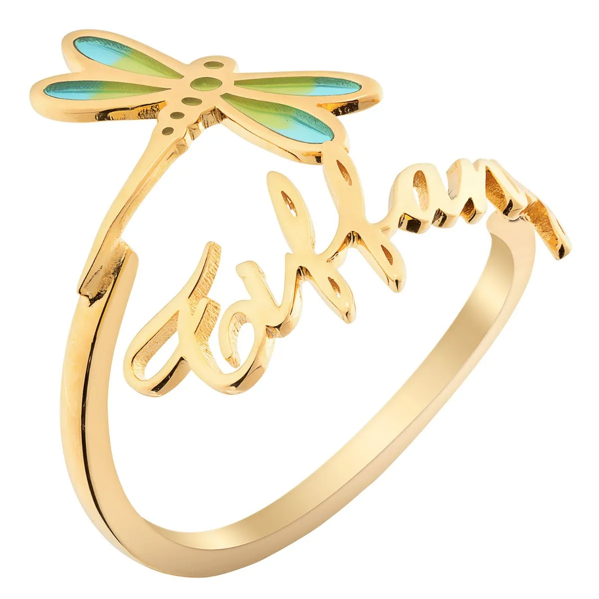 14K Gold Plated Script Name with Enamel Dragonfly Bypass Ring sold by Limoges Jewelry product image thumbnail 2