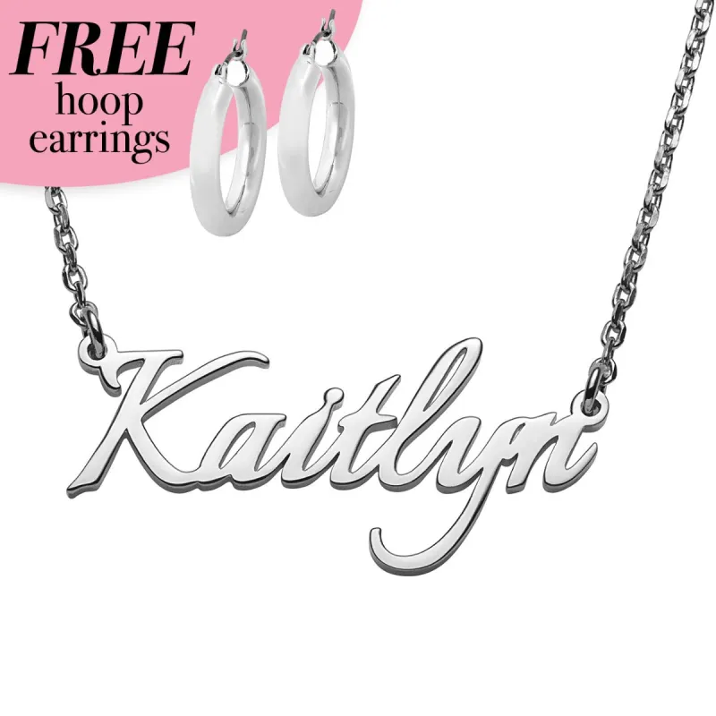 Sterling Silver Fancy Script Name Plaque with Free Hoop Earrings sold by Limoges Jewelry
