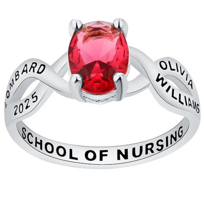 Women's Platinum Plated Oval Birthstone Infinity Class Ring sold by Limoges Jewelry