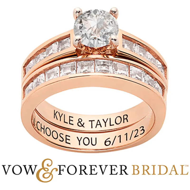 14K Rose Gold over Sterling Brilliant White Topaz 2 Piece Engraved Wedding Set sold by Limoges Jewelry