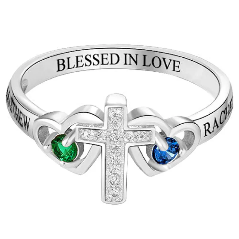 Sterling Silver Engraved Double Heart Birthstone with CZ Cross Ring sold by Limoges Jewelry
