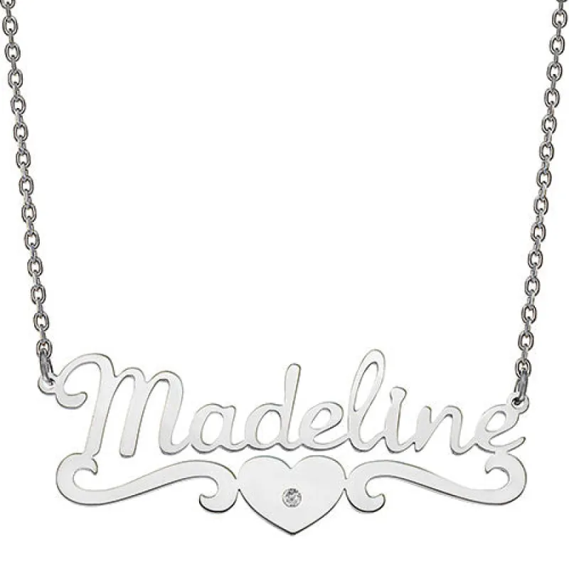 10K White Gold Script Name with CZ Heart Scroll Necklace sold by Limoges Jewelry