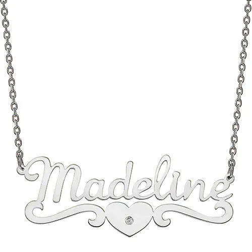 10K White Gold Script Name with CZ Heart Scroll Necklace sold by Limoges Jewelry