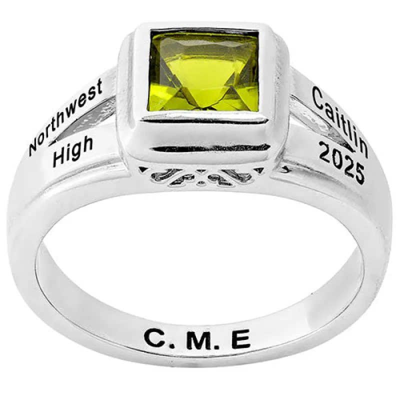 Ladies' Silver Plated Princess Cut Birthstone Freestyle Class Ring made by Limoges Jewelry