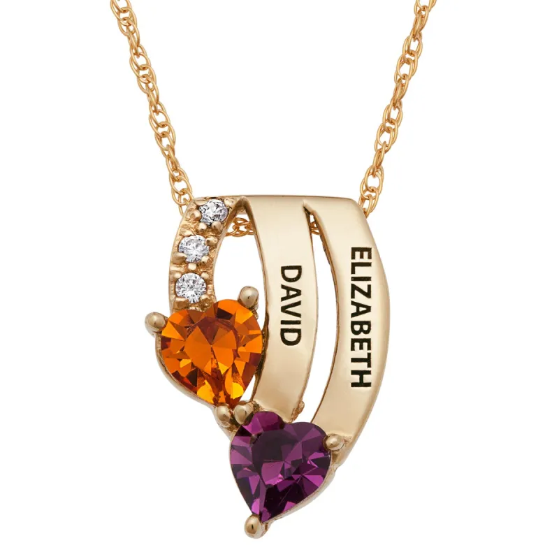 14K Gold over Sterling Couples Cascading Name & Birthstone Hearts Pendant sold by Limoges Jewelry