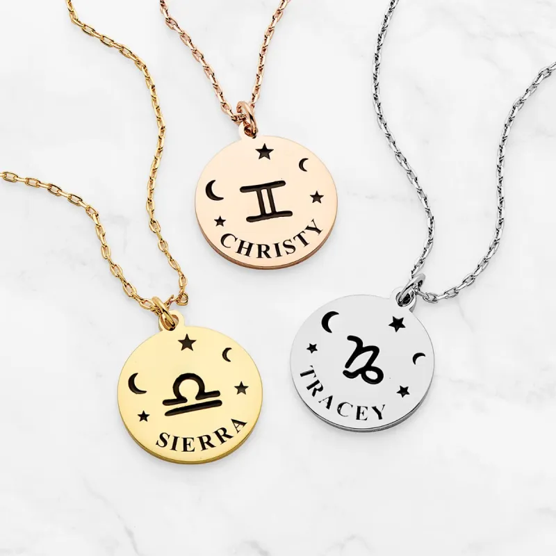 Zodiac Symbol and Name Disc Necklace sold by Limoges Jewelry