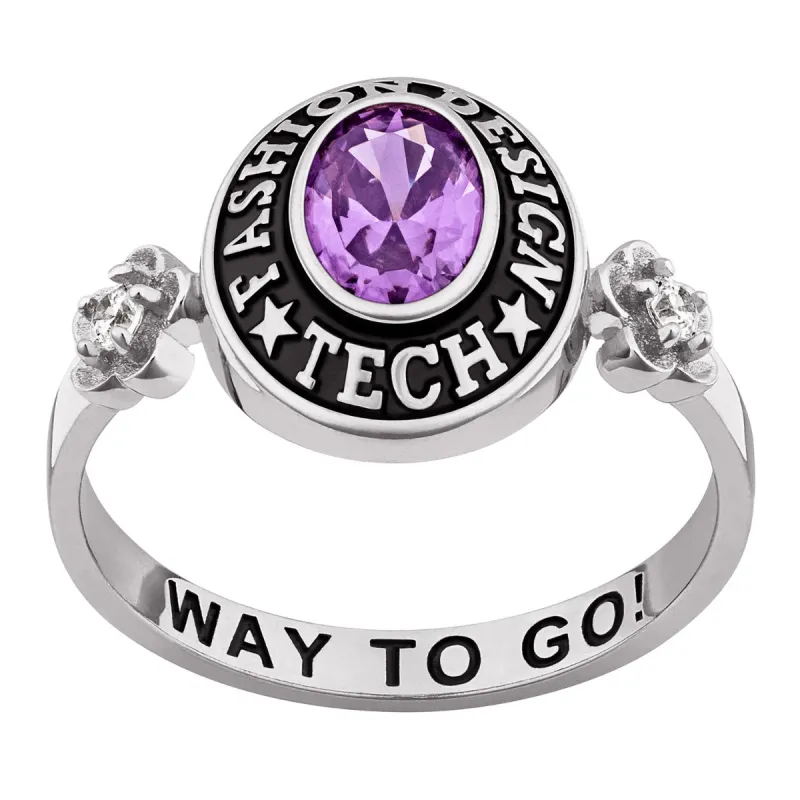 Ladies' Celebrium Oval Birthstone with CZ Flowers Class Ring sold by Limoges Jewelry