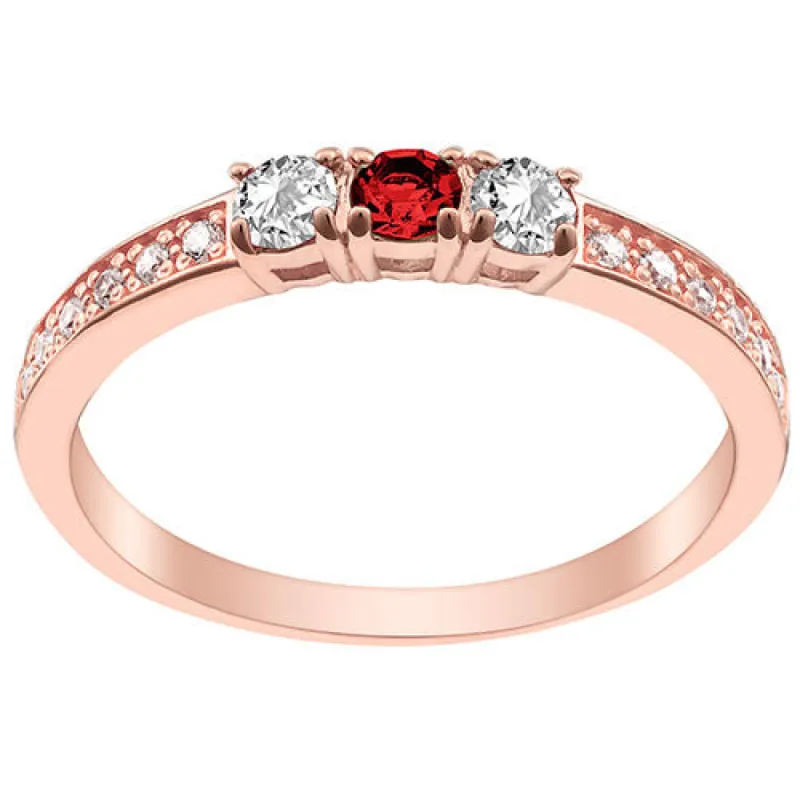 14K Rose Gold Plated Simulated Garnet and Clear Crystal 3-Stone Ring sold by Limoges Jewelry