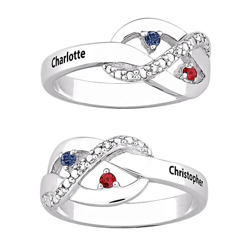 Sterling Silver Couples Name & Birthstone Infinity Ring sold by Limoges Jewelry