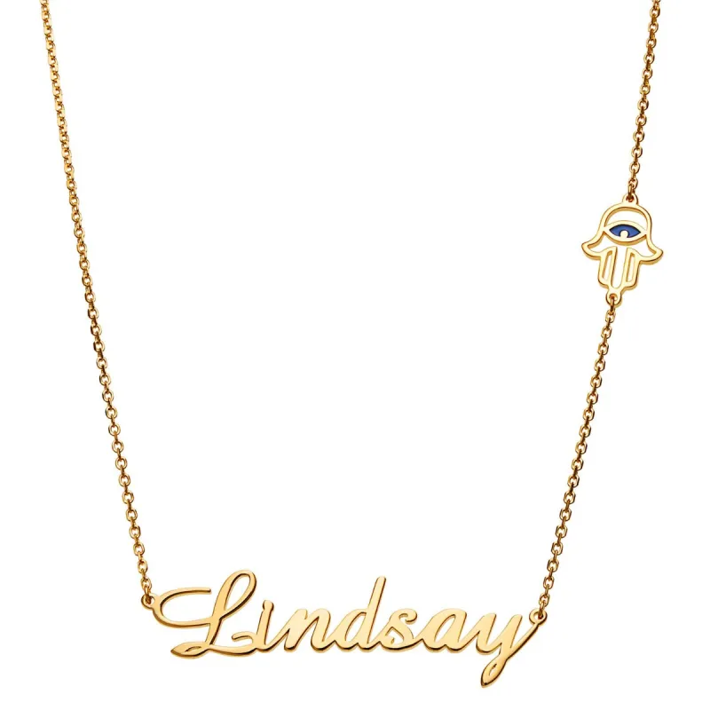 14K Gold Plated Script Name with Hamsa Hand Station Necklace sold by Limoges Jewelry