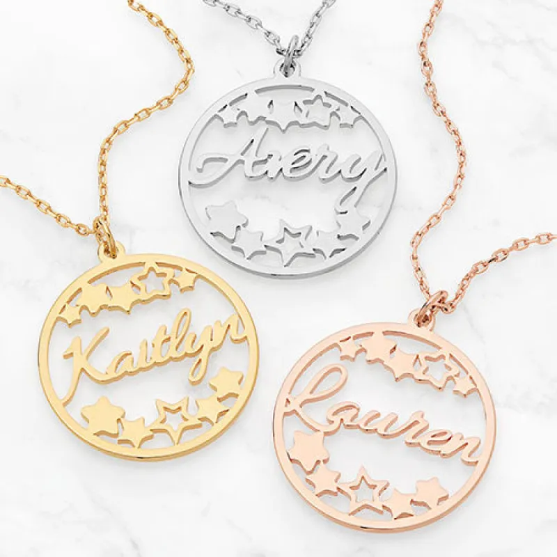 Cutout Name and Stars Disc Necklace sold by Limoges Jewelry