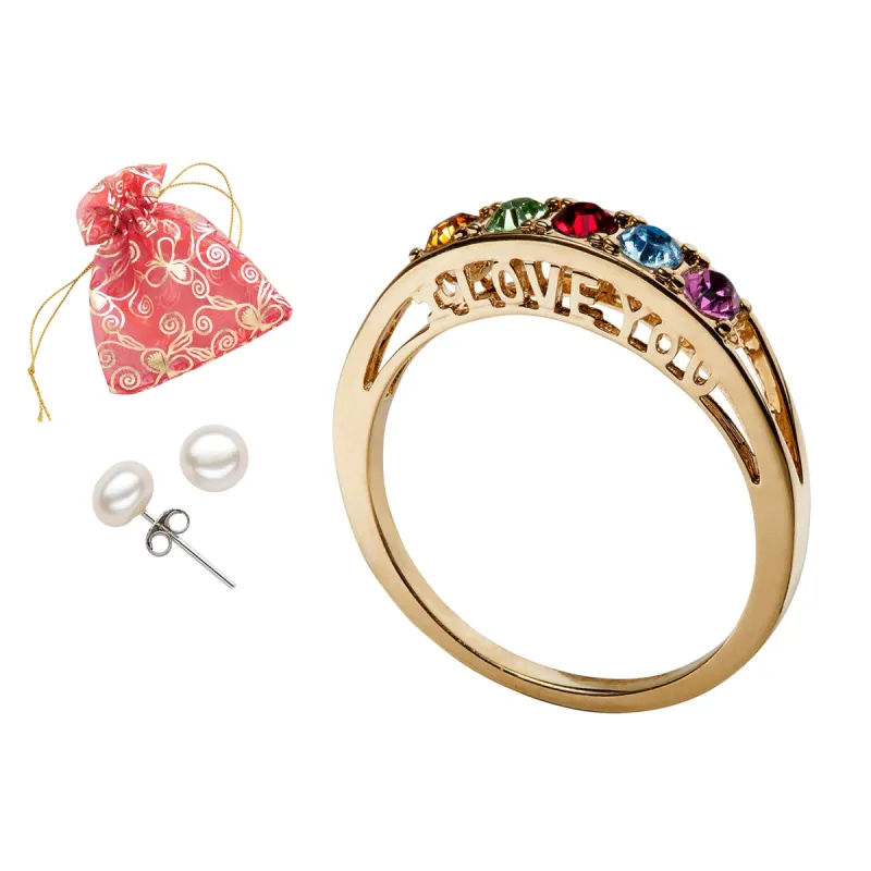 Birthstone I Love You Ring with Free Pearl Clip Earrings sold by Limoges Jewelry