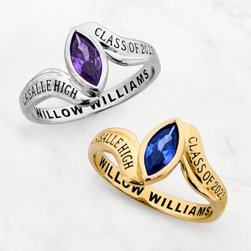 Platinum Plated Women's Bypass Marquise Birthstone Fashion Class Ring made by Limoges Jewelry