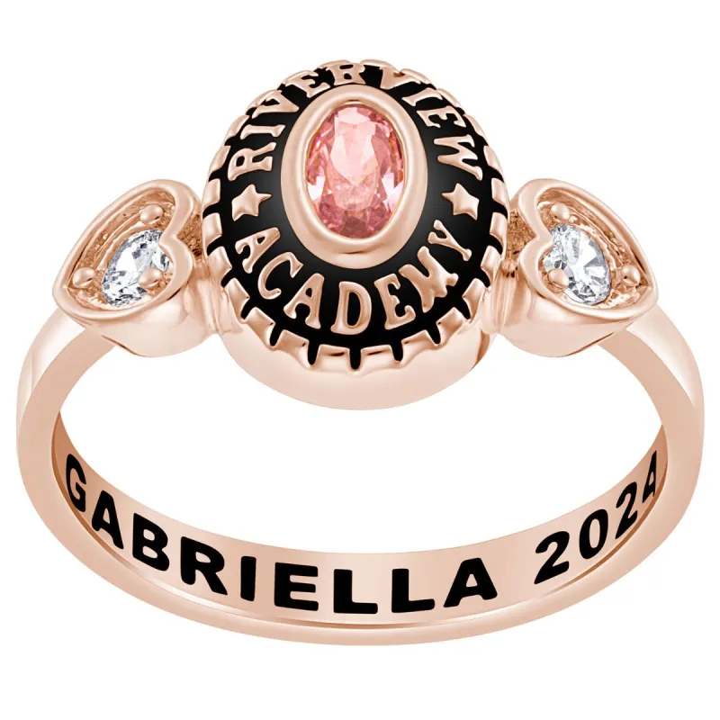 Ladies Rose Gold CELEBRIUM Traditional Oval Birthstone and CZ Heart Class Ring sold by Limoges Jewelry