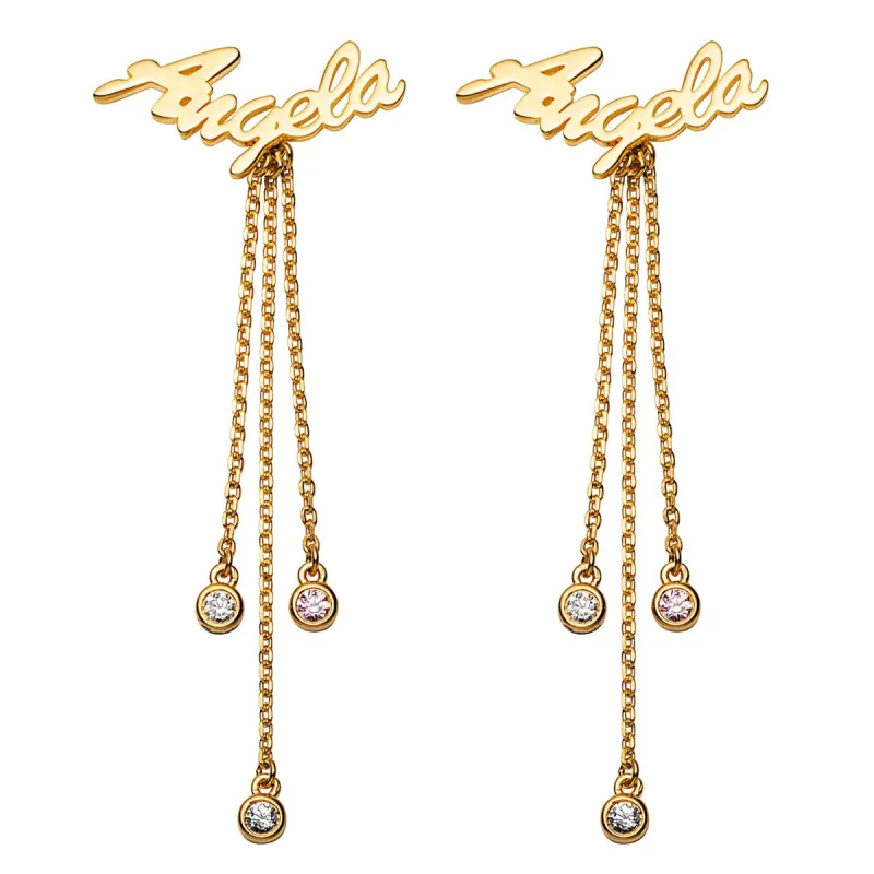 14K Gold over Sterling Script Name Crawler Earrings with Birthstones sold by Limoges Jewelry