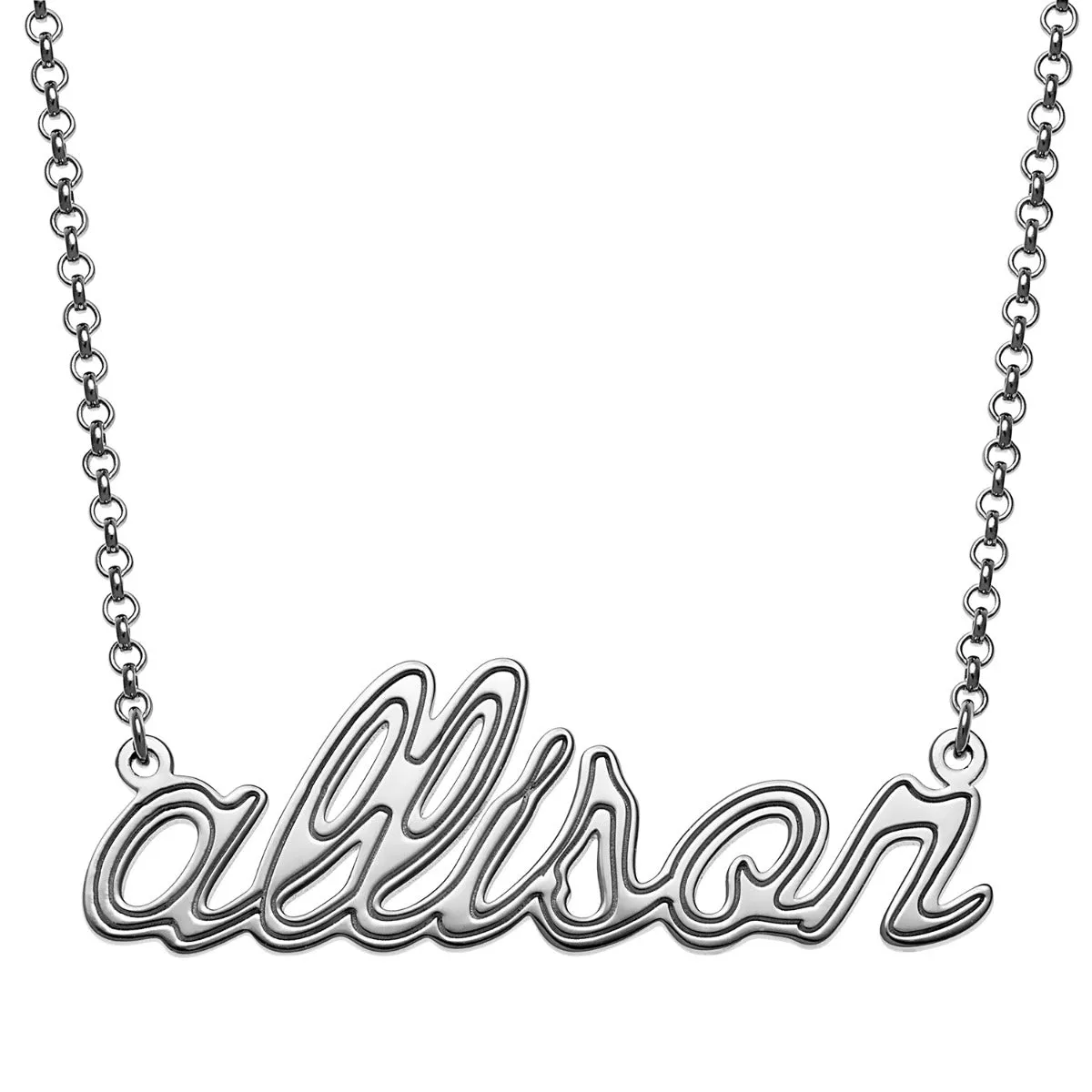 Lowercase Script Name with Outline Necklace sold by Limoges Jewelry