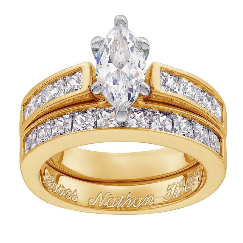 14K Gold over Sterling Marquise CZ 2-Piece Engraved Wedding Ring Set sold by Limoges Jewelry