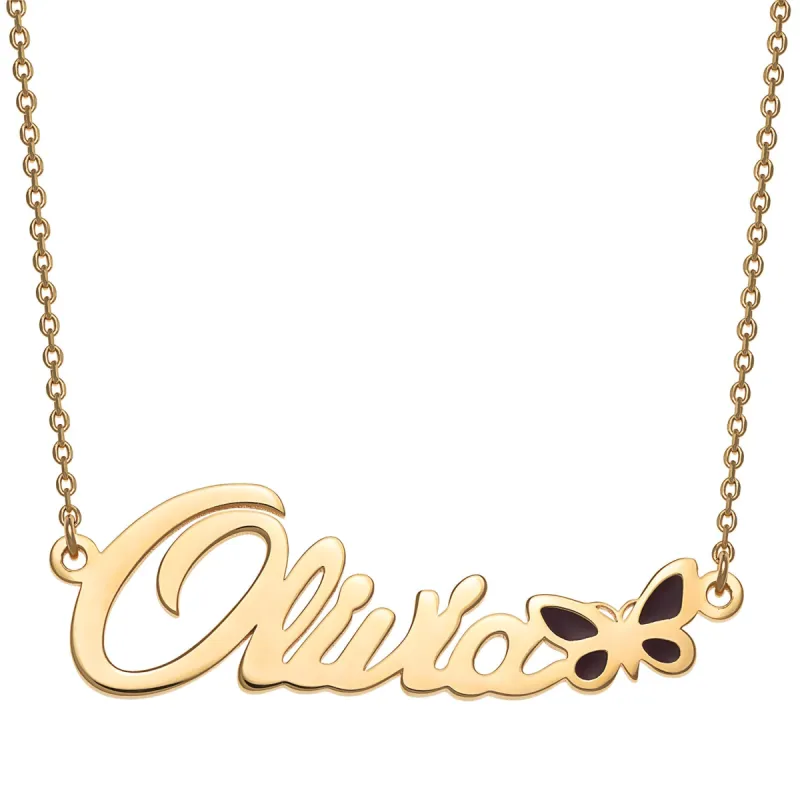 14K Gold over Sterling Name with Purple Enamel Butterfly Necklace sold by Limoges Jewelry