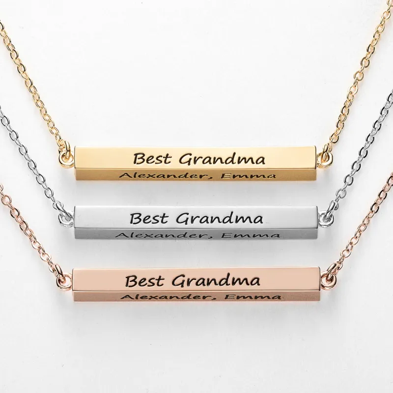 Horizontal 4-sided Bar 'Best Grandma' Engraved Family Name Necklace sold by Limoges Jewelry