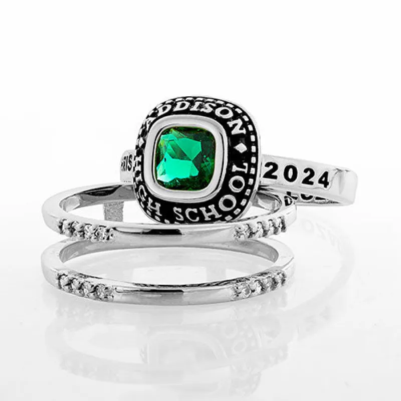 Ladies' Sterling Silver Class Ring with Jacket and CZ Accents sold by Limoges Jewelry