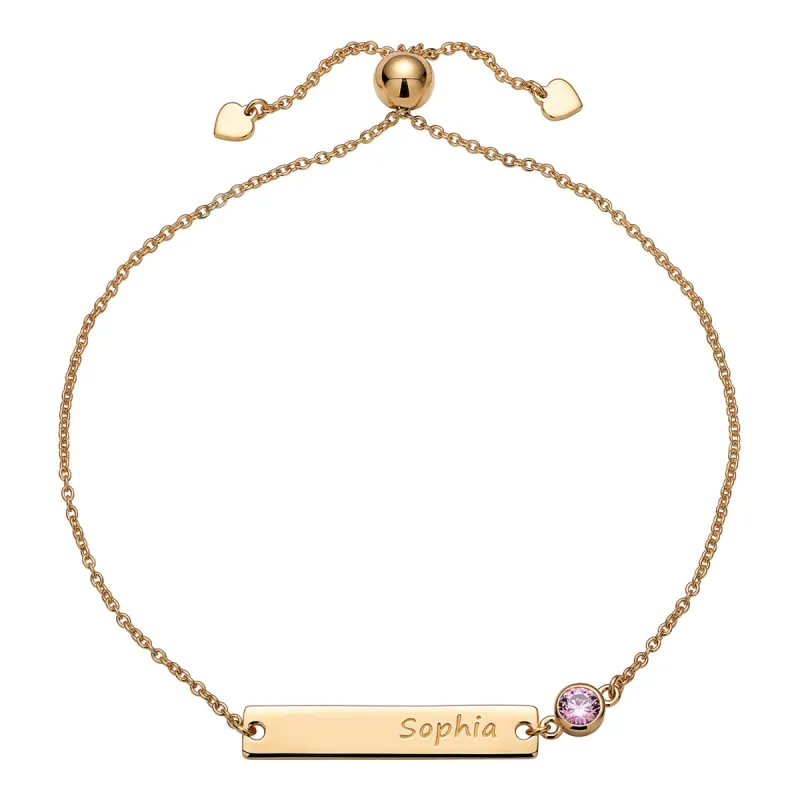 14K Gold over Sterling Engraved Name Bar / Birthstone Adjustable Bracelet sold by Limoges Jewelry
