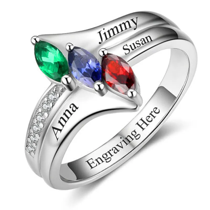 Sterling Silver Marquise Birthstone with CZ Accent Family Name Ring sold by Limoges Jewelry