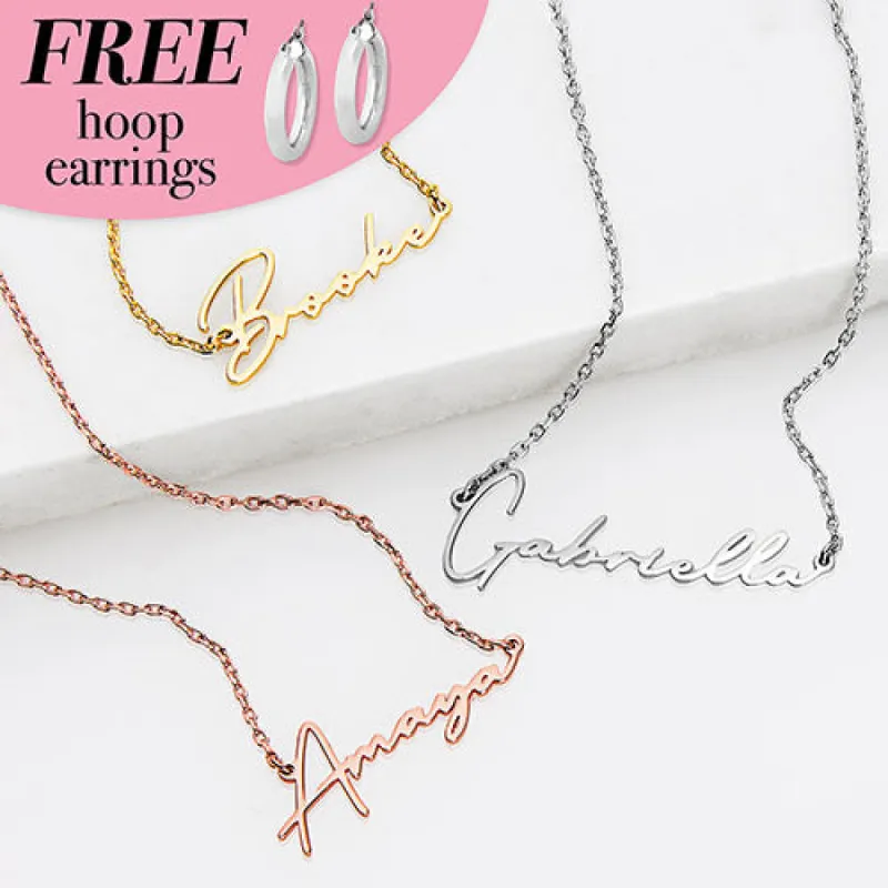Sterling Silver Handwritten Script Name Plaque with Free Hoop Earrings sold by Limoges Jewelry
