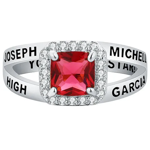 Women's Platinum Plated Split Band Square CZ Halo Birthstone Class Ring sold by Limoges Jewelry product image thumbnail 2