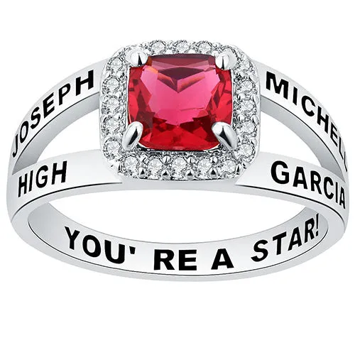 Women's Platinum Plated Split Band Square CZ Halo Birthstone Class Ring sold by Limoges Jewelry