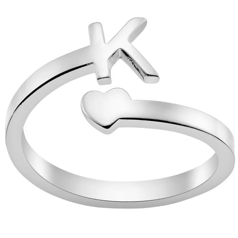 Silver Plated Initial and Heart Bypass Ring sold by Limoges Jewelry