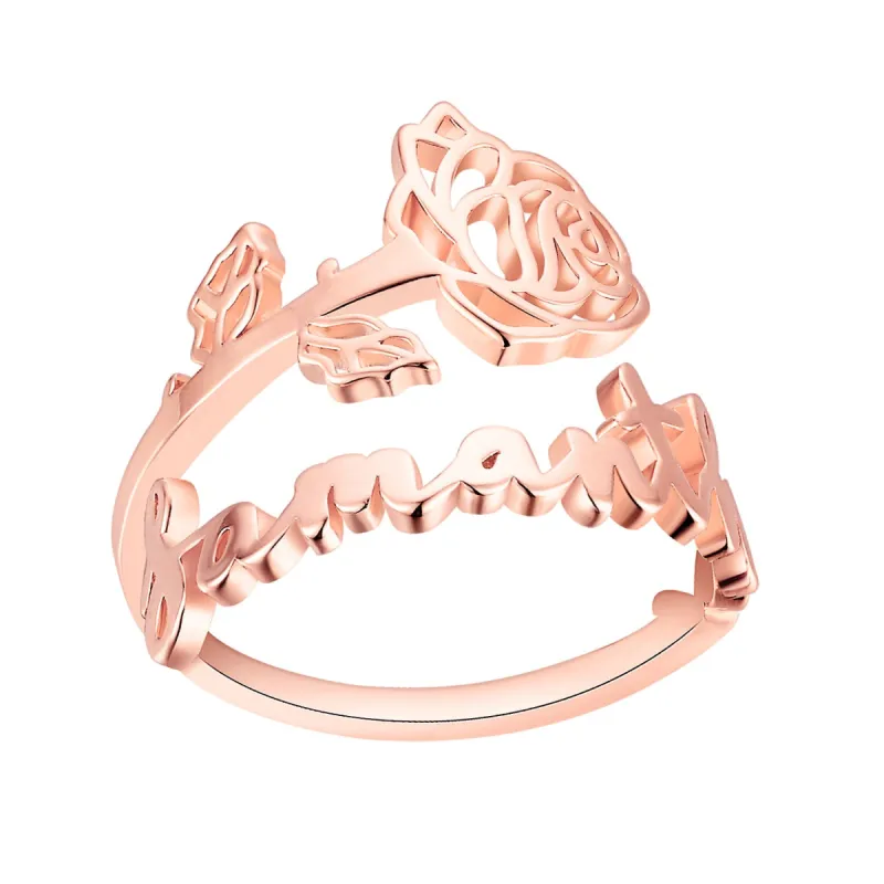 Rose Gold Plated Script Name and Birthmonth Flower Bypass Ring sold by Limoges Jewelry