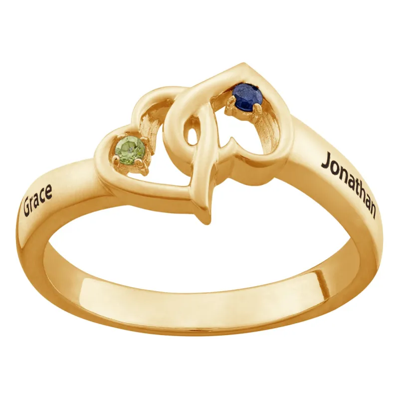 10K Yellow Gold Couples Double Heart Name and Birthstone Ring sold by Limoges Jewelry